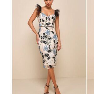 Cream Embroidered Sequin Bodycon Midi Dress - M